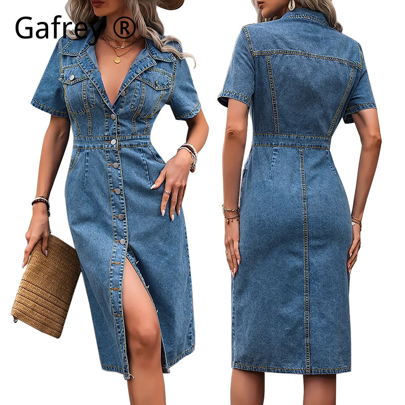 Women Fashion Jeans - Abito in denim con risvolto da