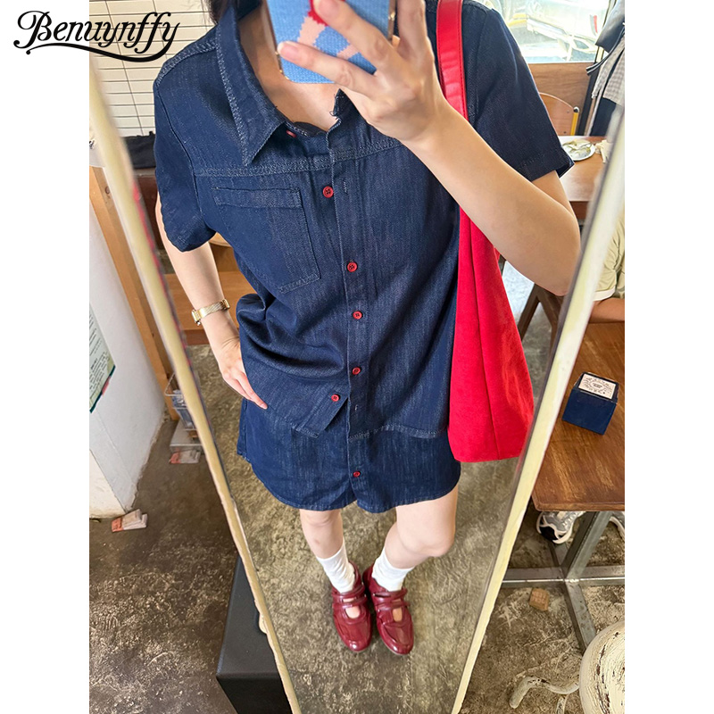 Women Fashion Jeans - Camicia in denim a maniche corte
