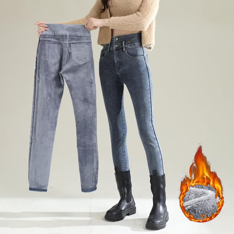 Women Fashion Jeans - Jeans invernali a gamba dritta termica
