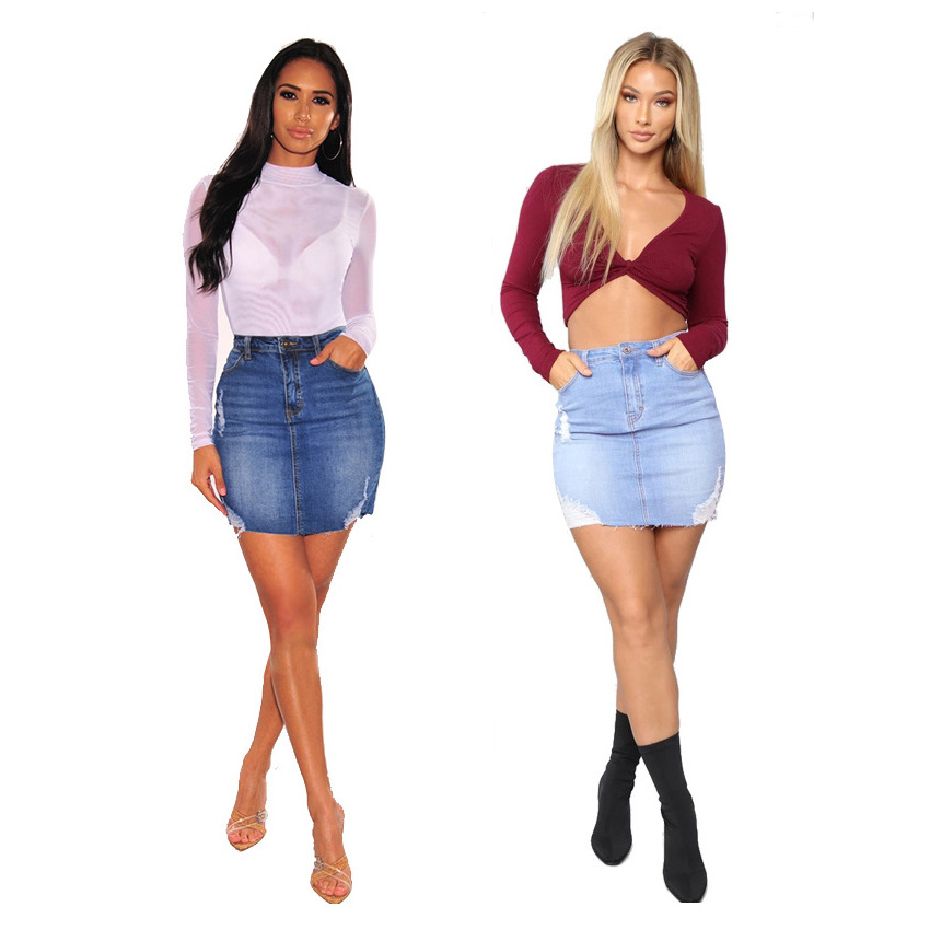 Women Fashion Jeans - Minigonne in denim effetto invecchiato da