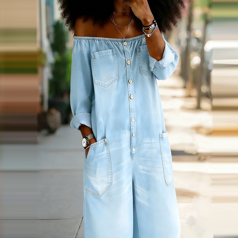 Elegante tuta intera in denim  - Women'S Fashion Vintage Off Shoulder Long Sleeve Jumpsuit recensione e prezzo
